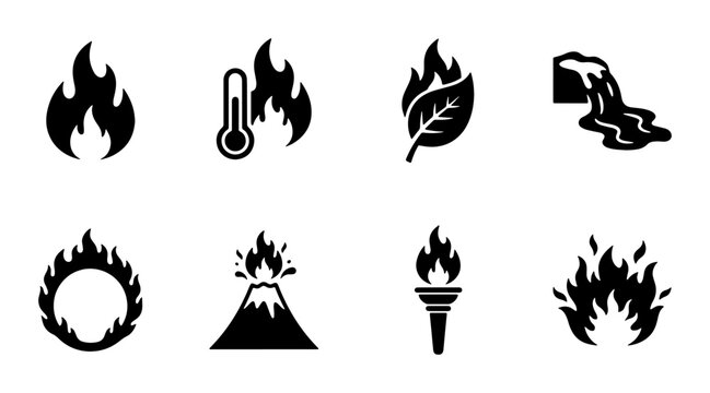Fire and heat icon set, 8 black solid vector symbols of flames and natural disasters, volcano and torch icons for emergency and safety design