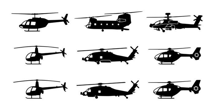 Helicopter silhouette vector set, collection of 9 black aircraft icons, military and civilian chopper symbols for aviation infographics and logos