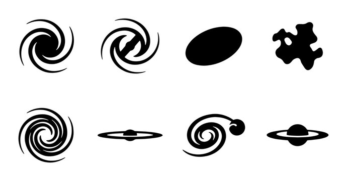 Minimalist galaxy icons set, black spiral nebula and celestial shapes vector, collection of 8 cosmic universe symbols for astronomy infographics