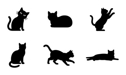 Black cat silhouette collection, 6 feline vector icons in various poses, minimalist pet animal silhouettes for logo design and branding © Nurul