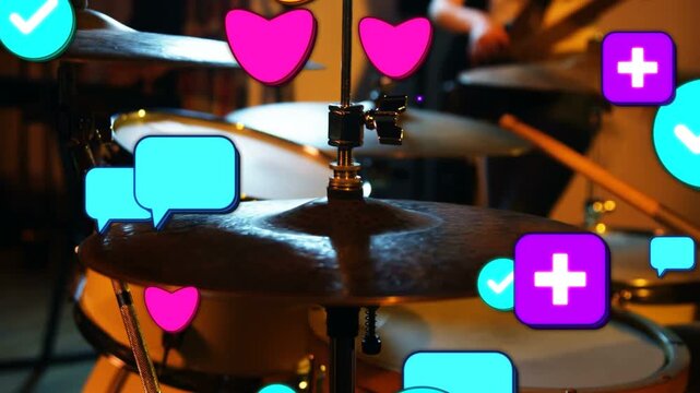 Drum cymbals filling frame, drummer striking sticks sparking social icons rising and creating buzz