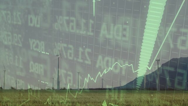 Financial chart rising over turbines, arrows growing and signaling clean energy funding surge