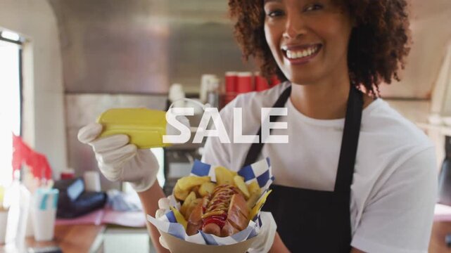 Food server squeezing yellow bottle applying mustard, glitch showing SALE overlay promoting sale