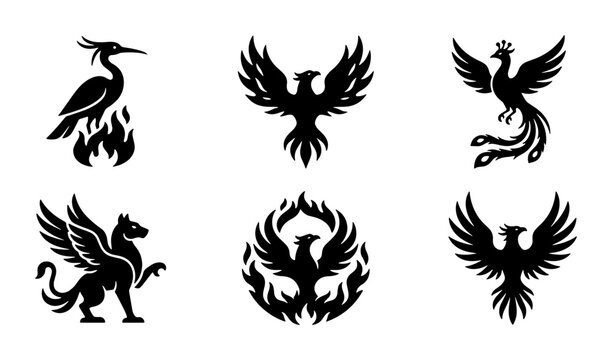 Mythical phoenix bird silhouettes, set of 6 black firebird icons and winged griffin vector illustrations, fantasy creature logo elements for branding