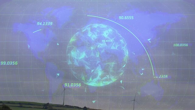 Data globe on data pulses, floating, descending, rotating, arcs tracing paths, plotting over fields