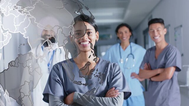 Lead nurse smiling crossing arms while globe entering left revealing stethoscopes for medical care