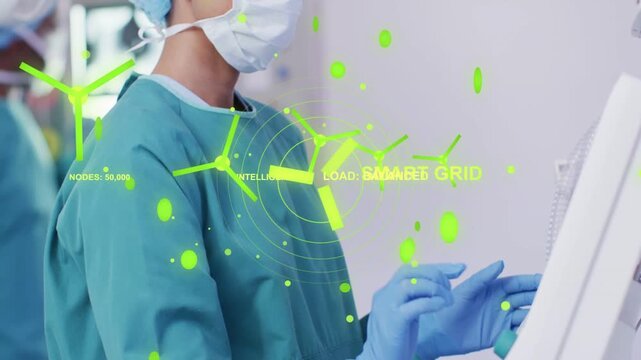 Nurse raising hand, overlay appearing, tapping touchscreen, adjusting SMART GRID settings