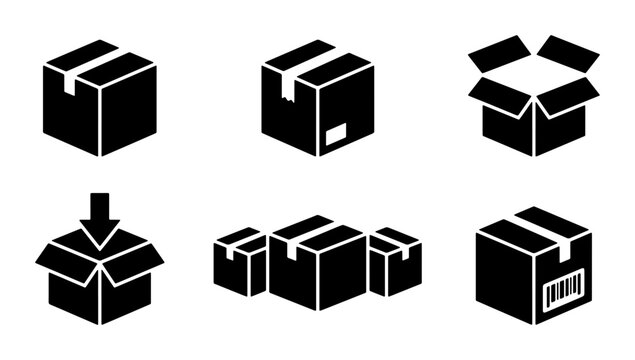 Minimalist cardboard box icon set, black delivery package vector silhouettes, shipping and logistics parcel symbols for e-commerce and warehouse tracking