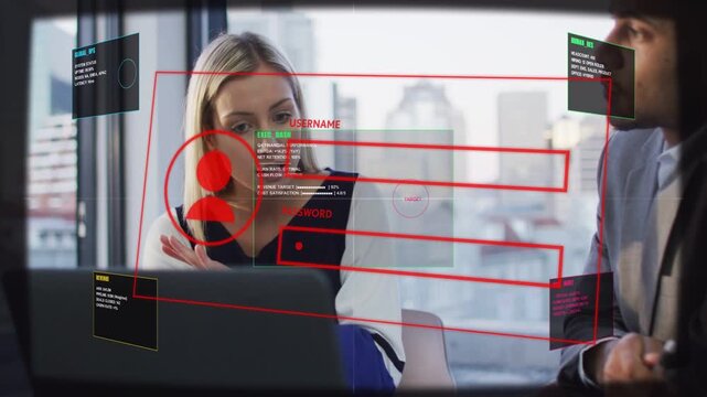 Red UI appearing over laptop woman pointing updating username password fields for business security