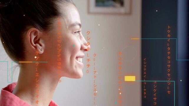 Teen girl reacting to HUD overlays moving across face in tech scene, widening smile lifting chin