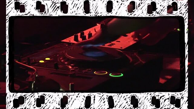 DJ hands tapping jog wheel and tweaking faders, pressing LED pads, mixing music, filmstrip framing