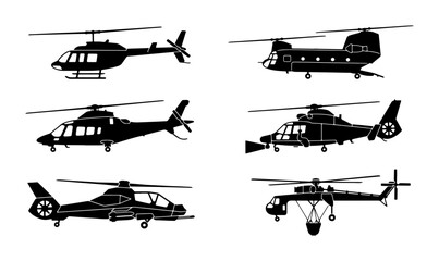 Helicopter silhouette vector set, collection of 6 aircraft icons, military and civilian chopper silhouettes, aviation transport graphics for design © Nurul