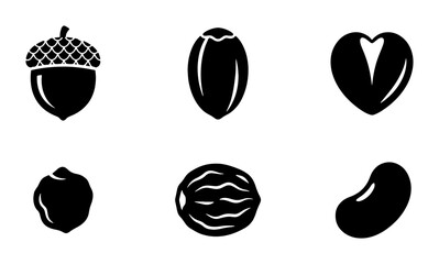 Minimalist nut and seed icon set, black silhouette acorn and walnut vector illustrations, collection of 6 organic food symbols for packaging © Nurul