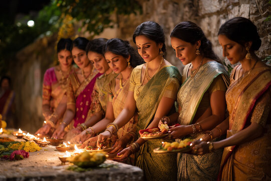 Women performing evening Ganesh aarti in traditional attire at festival pandal.
