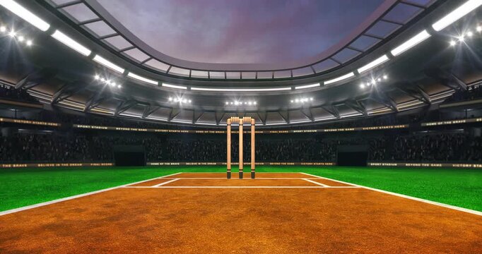 Cricket field at a sports stadium with shining spotlights and fans ready for the upcoming grand sporting event. Loopable professional sports advertisement video background.