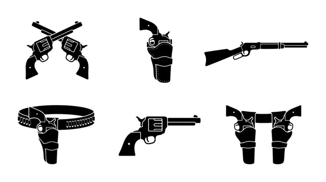 Vintage wild west gun collection, 6 black silhouette icons of revolvers and holsters, antique western firearms and cowboy weapon vector set