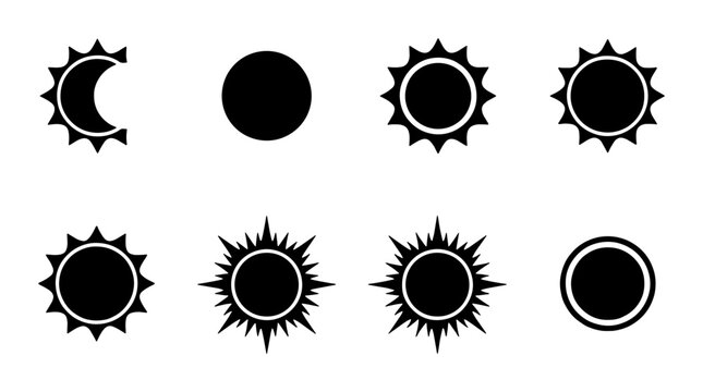 Minimalist sun icon set, black solar symbols and weather silhouettes, collection of 8 vector sunburst and eclipse graphics for UI design