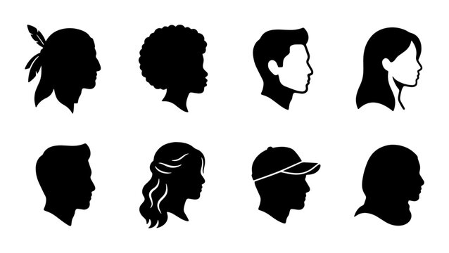 Diverse people profile silhouettes, set of 8 multicultural human head icons, black side view portraits of men and women for community and identity design