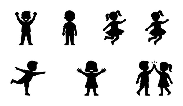 Happy children silhouettes set, black vector icons of kids playing and jumping, collection of 8 small child figures in active poses for school and family design