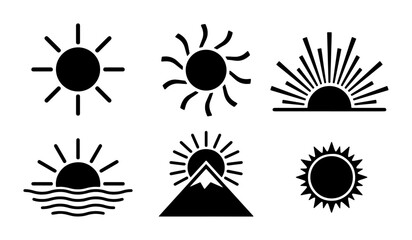 Fototapeta premium Minimalist sun icon set with 6 black vector symbols, sunrise and sunset over mountains and ocean waves, solar energy and summer weather illustrations
