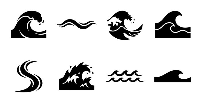 Ocean wave icons set, black sea surf silhouettes, 8 minimalist water ripple vector elements for logo design and summer branding