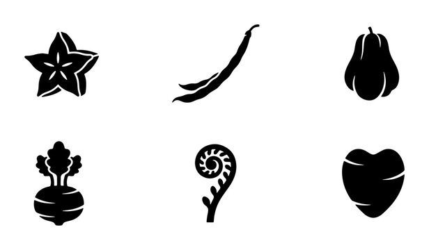 Minimalist vegetable icon set, black silhouette organic food symbols, set of 6 vector illustrations including carambola and root vegetables