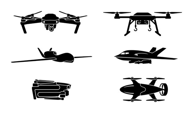 Modern drone silhouette set, unmanned aerial vehicle icons, black UAV and quadcopter vector collection, surveillance and delivery aircraft graphics