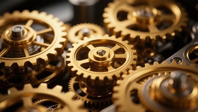 Close-up of interlocking golden gears in mechanical assembly