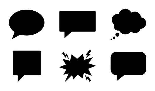 Minimalist black speech bubble silhouettes, set of 6 comic talk clouds and thought bubbles, flat vector chat icons for communication design