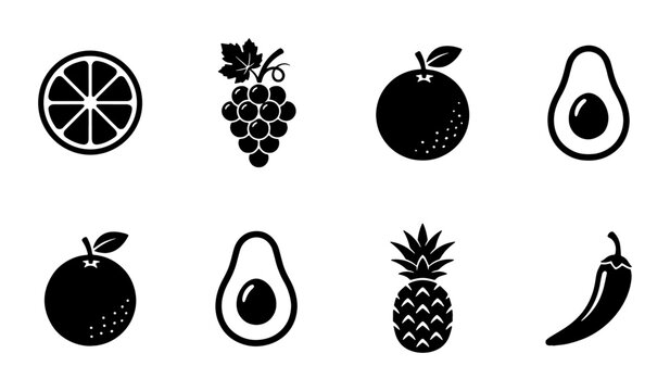 Minimalist black fruit icons set, 8 vector silhouettes of organic food, flat graphic symbols of grapes avocado pineapple and chili pepper for menu design