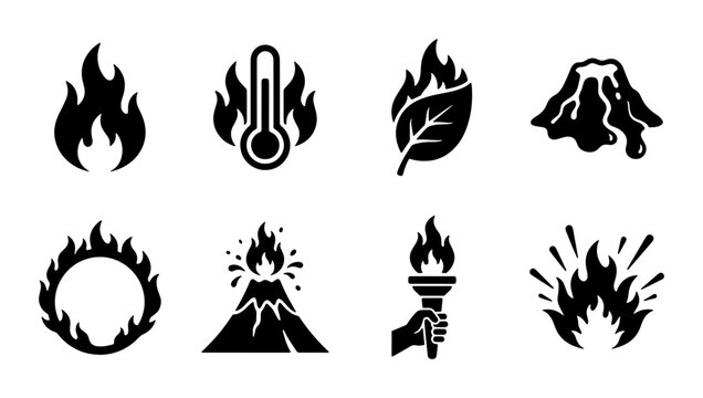 Black fire icons set, 8 solid flame vector symbols, volcano and heat temperature signs, burning torch and ring of fire illustrations for web design