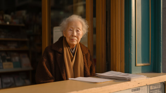 Elderly Korean shopkeeper watches from inside her laundromat as real estate agent takes photos of storefront for lease, commercial displacement, small business vulnerability, neighborhood turnover, 