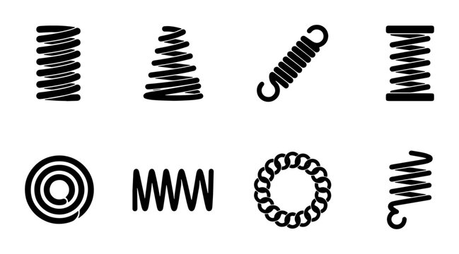 Industrial metal spring icons set, black steel coil vector illustrations, mechanical tension and compression spiral elements for engineering