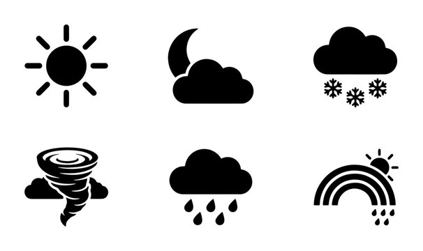 Minimalist weather icon set with 6 black vector symbols, meteorology forecast elements for mobile apps, flat climate signs including sun rain and snow
