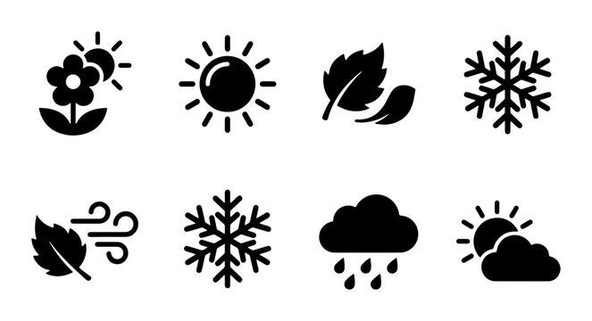 Weather forecast icons set, 8 black seasonal vector symbols, meteorology climate signs for spring summer autumn and winter, minimalist nature elements