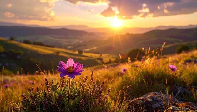 Vibrant sunset over rolling hills with flourishing purple flowers in the foreground