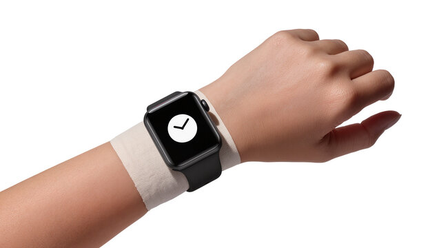 Black Smartwatch on Wrist with Bandage and Visible Clock Face