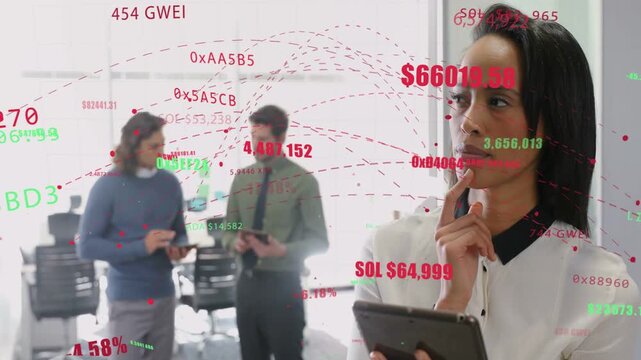 Woman tapping tablet, causing crypto tickers and price overlays shifting over team reviewing prices