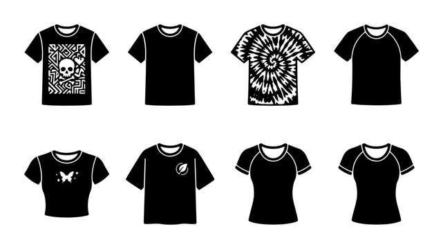 Black t-shirt vector icons set, blank apparel mockups and graphic tee illustrations, 8 clothing silhouettes with skull and tie-dye patterns