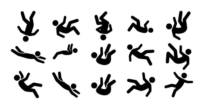 Falling person stick figure icon set, 15 black vector silhouettes of people tumbling and dropping, accident and injury warning symbols for safety signs