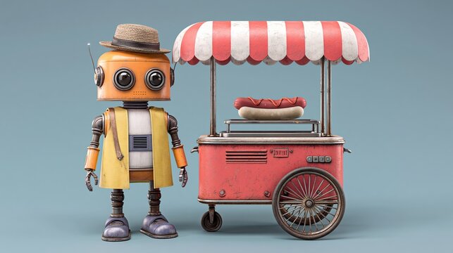 Robot vendor in yellow coat and hat stands beside a hot dog cart with red and white awning, showcasing a hot dog on a bun in a playful, colorful setting