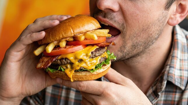 Close up of a hungry man about to take a big bite of a delicious double cheeseburger with fries and bacon.