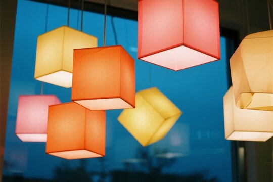 Colorful cube-shaped pendant lights hanging indoors with soft glow against a blue background