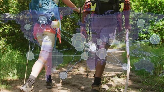 Hiking couple walking path with poles, brief touch, camera rising, tech overlay fixed over scene