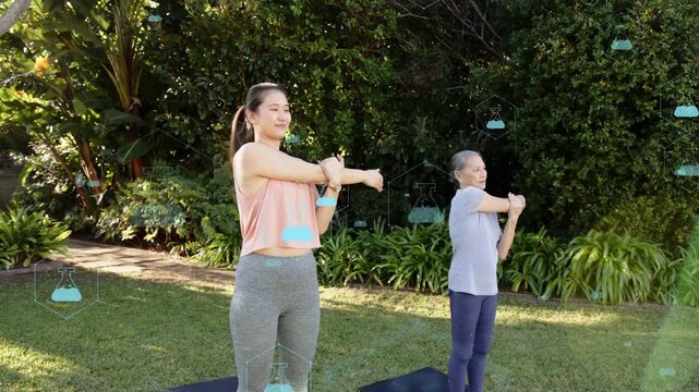 Coach raising arm leading senior in health shoulder neck stretches as warmup, blue icons overlaying