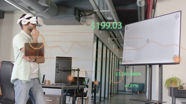 Analyst in VR headset shifting, showing orange overlays and $199