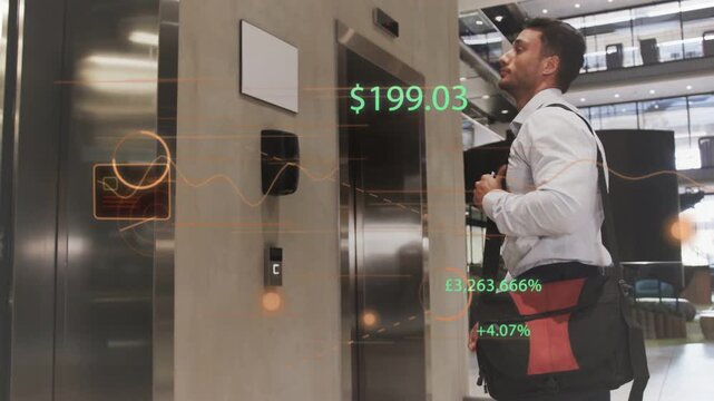 Office worker pressing lift button and activating AR finance data and waves to reach upper floor