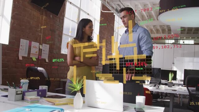Man gesturing and woman listening while hologram APY overlay appearing, analyzing accounts together