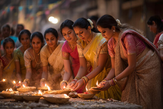 Women performing evening Ganesh aarti in traditional attire at festival pandal.
