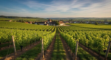Fototapeta premium Expansive Vineyard Landscape with Rows of Lush Grapevines and Distant Buildings Under a Clear Blue Sky